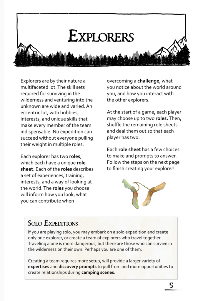 A page titled "Explorers" with two columns of text describing the characters for Far Lands. It is decorated with art of maple seeds, and an insert box with rules for solo expeditions.