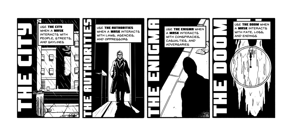 A graphic of the four pillars from Masks of the Masks: The Cirty, the Authorities, the Enigma, and the Doom.