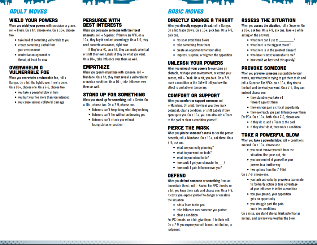 The moves reference sheet from Masks: A New Generation