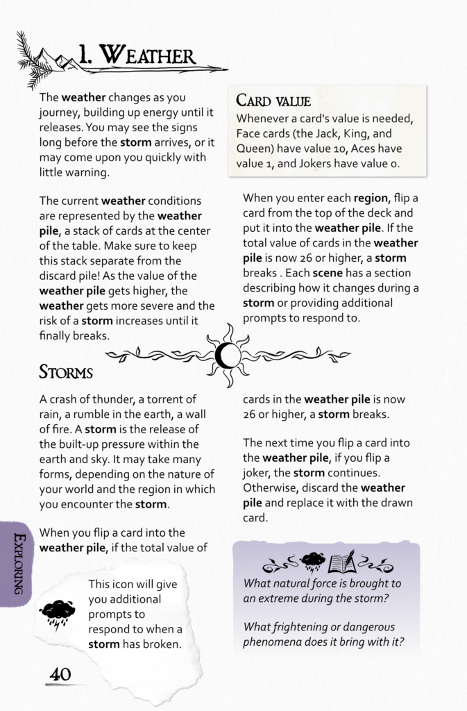 The weather page for Far Lands, describing how the weather pile works and what storms do