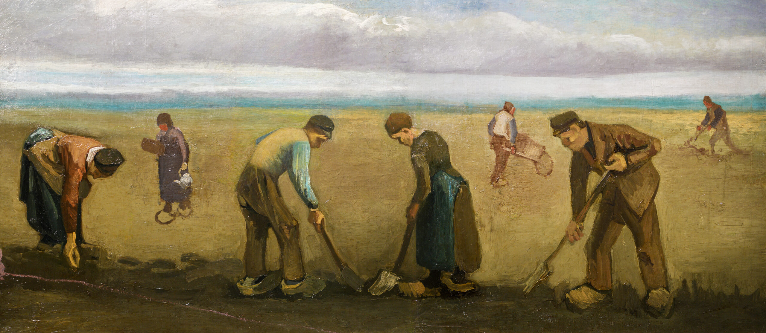 A painting of a group of peasants planting potatoes in a vast field