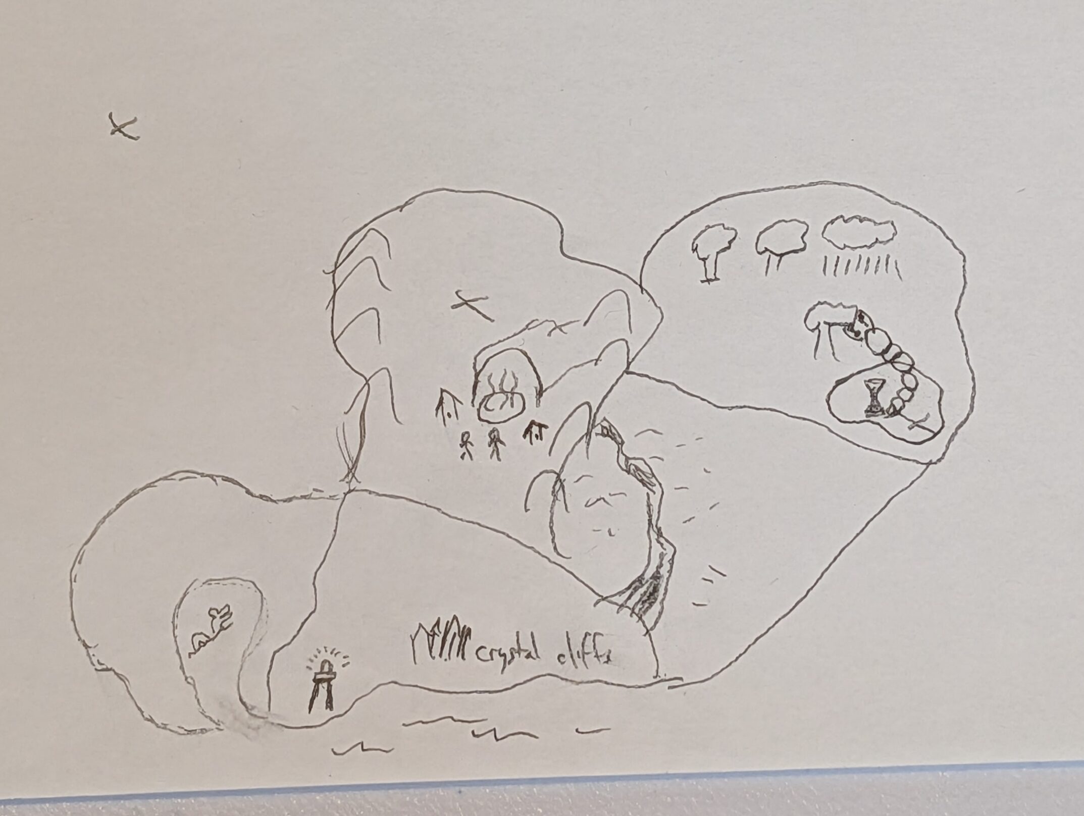 A hand-drawn map showing crystal cliffs, the hot spring caves, and the forest of the Time Worm.