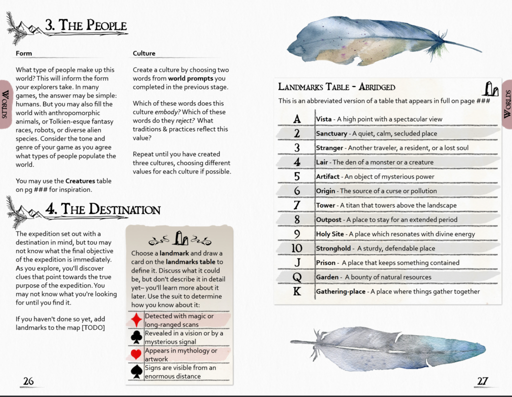 A sample spread from the Far Lands Advanced Setup section. It includes steps for defining the cultures in the world and an abridged version of a table for choosing a destination.