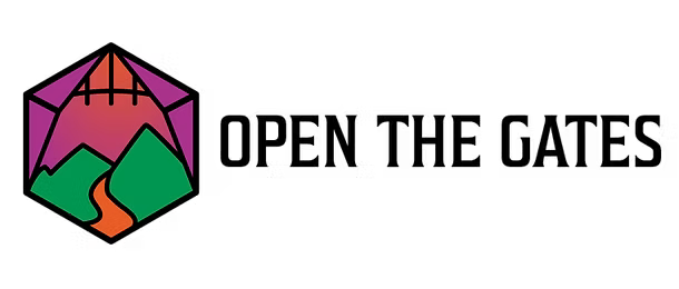 Logo for Open the Gates Gaming. Logo shaped like a d20 featuring a gate opened wide to reveal a mountain path beyond