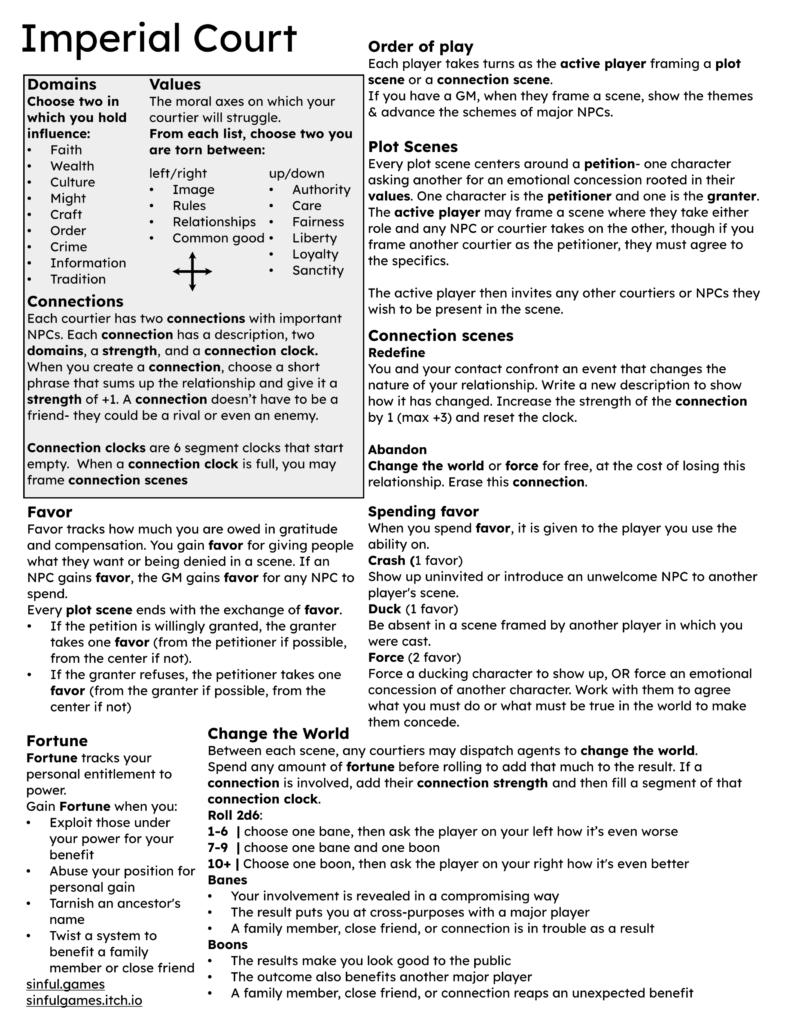 The one-page prototype of Imperial Court. Find the full text over at https://sinfulgames.itch.io/imperial-court